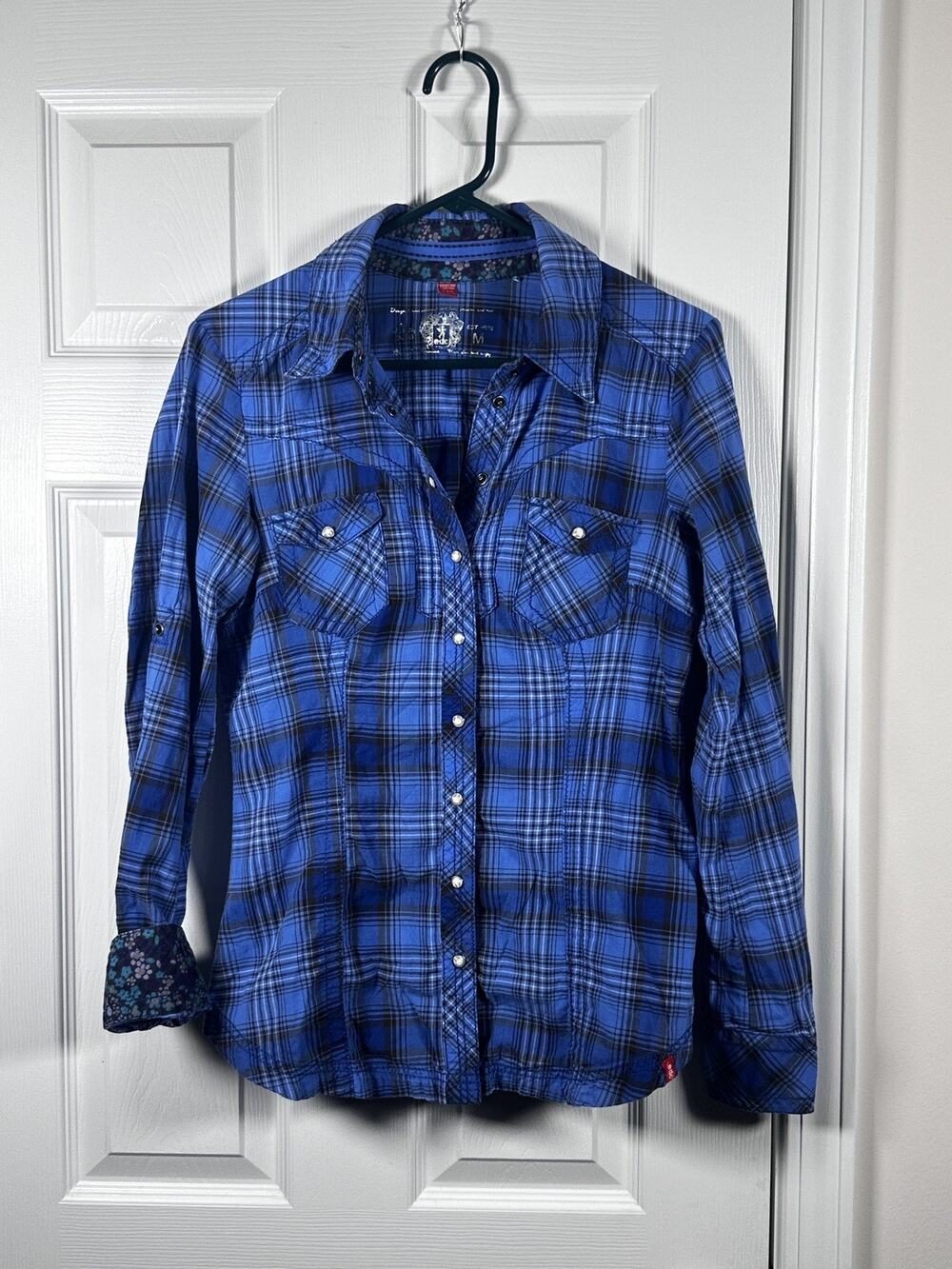 Vintage Esprit EDC Blue Plaid Western 100% Cotton Pearl Snaps Size M Festival